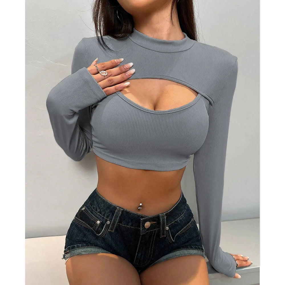 Damen Crop Top mit Cut-Outs – Kurzarm, Rundhalsausschnitt & figurbetonte Streetwear